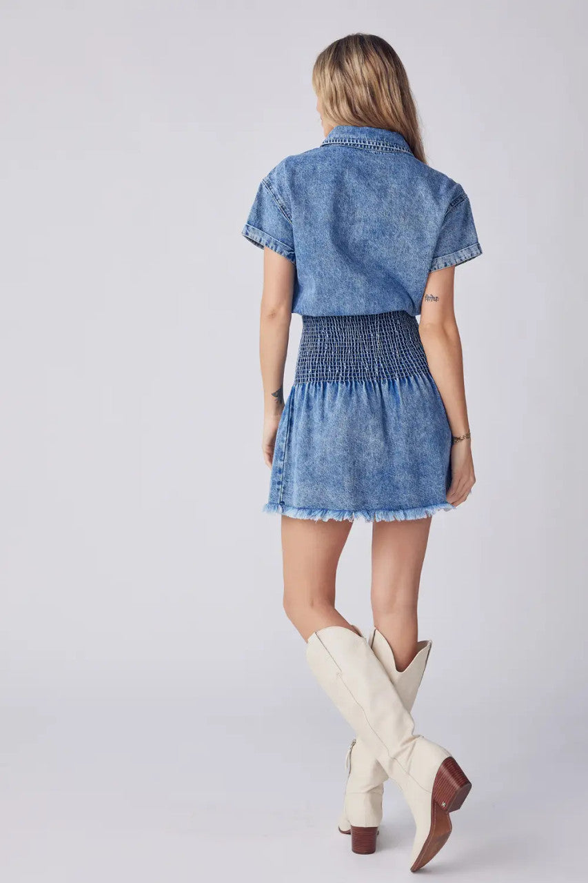 BUTTON UP SMOCKING WAIST DENIM MINI DRESS