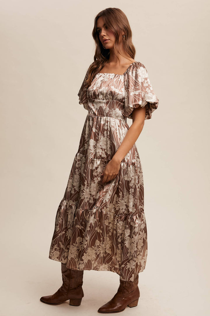Enchanted Satin Blossom Puff Sleeve Midi Dress
