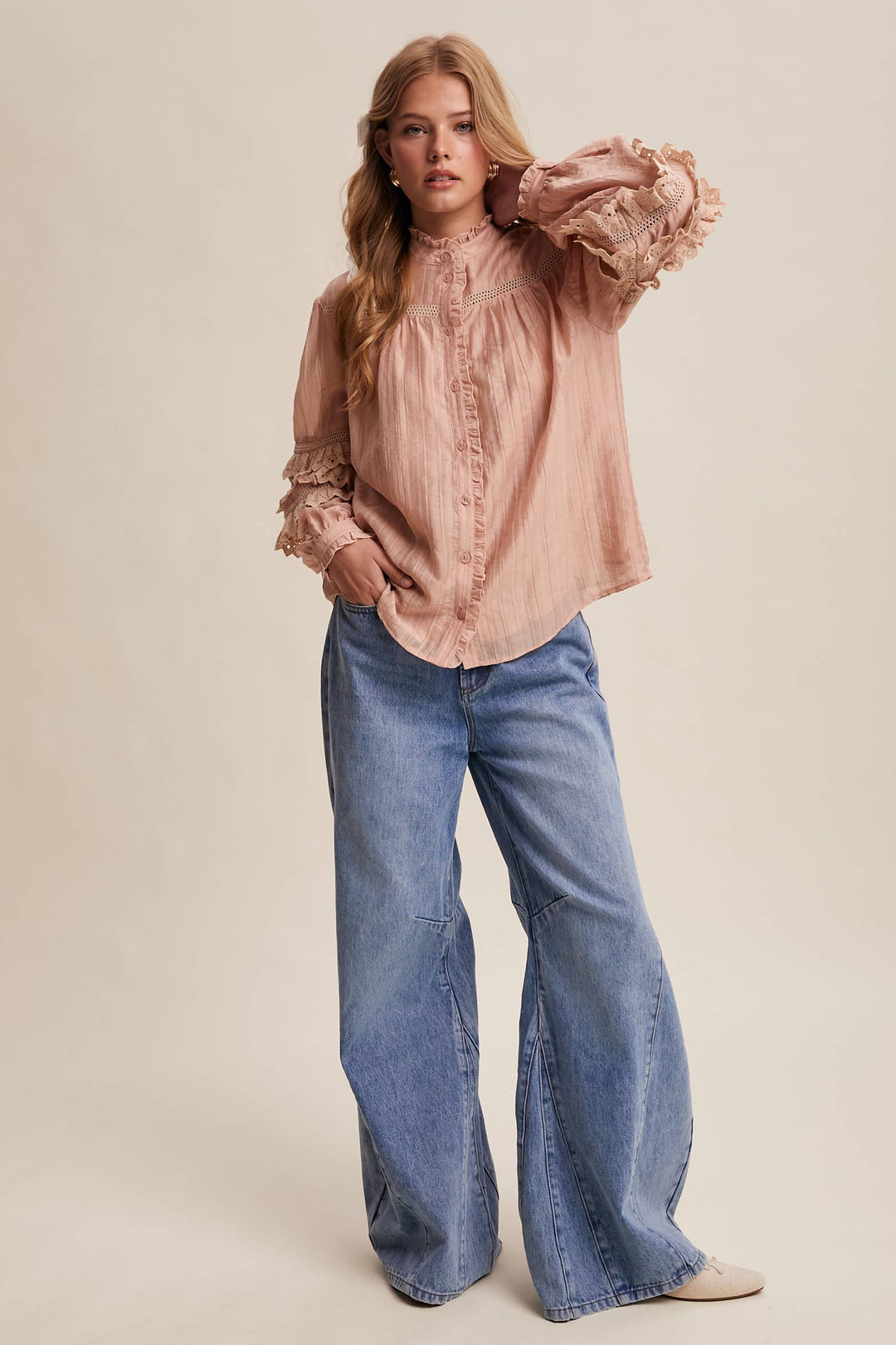 Lace Ruffle Sleeve Pintuck Blouse - Blush