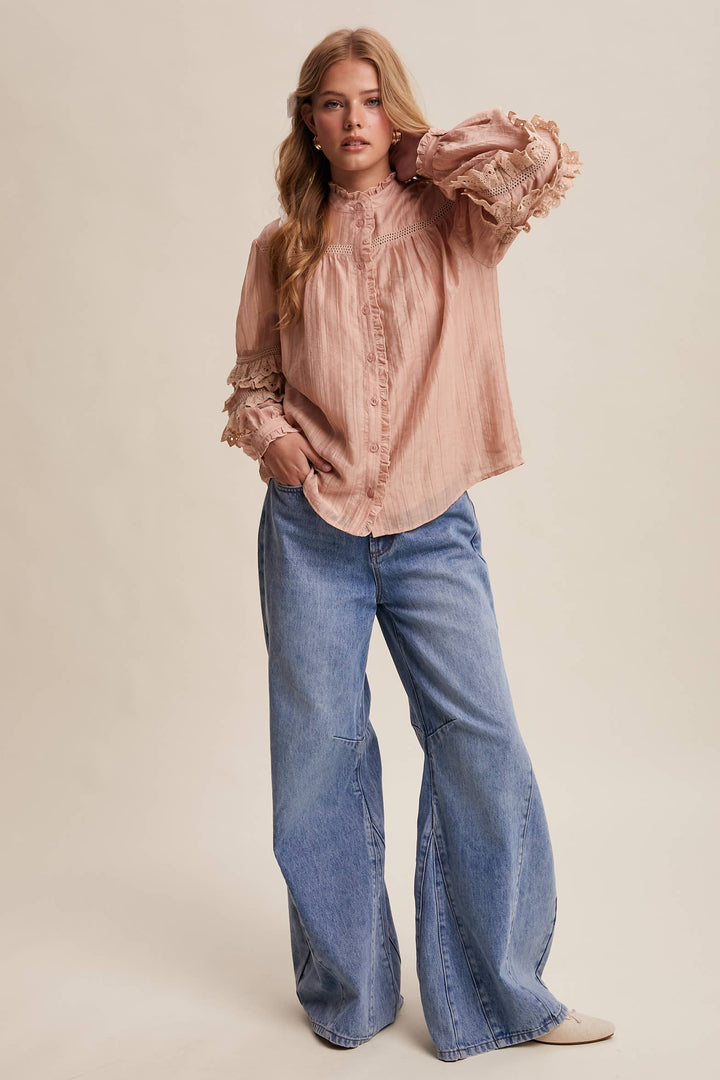 Lace Ruffle Sleeve Pintuck Blouse - Blush