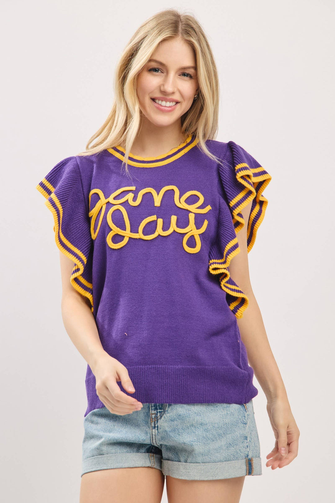 Ruffle Sleeve Varsity Gameday Knit Top -  Red/Black