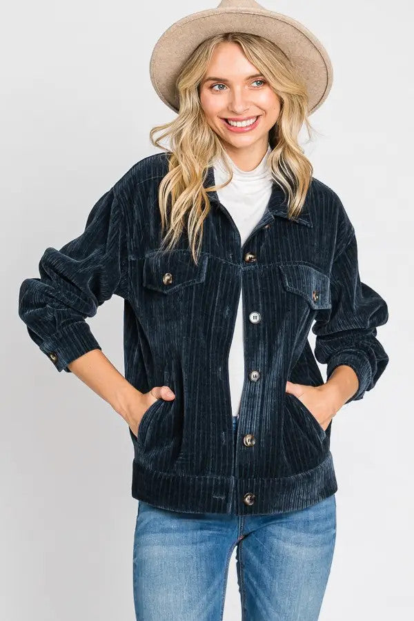 Button Down Soft Ribbed Jacket - Dark Blue