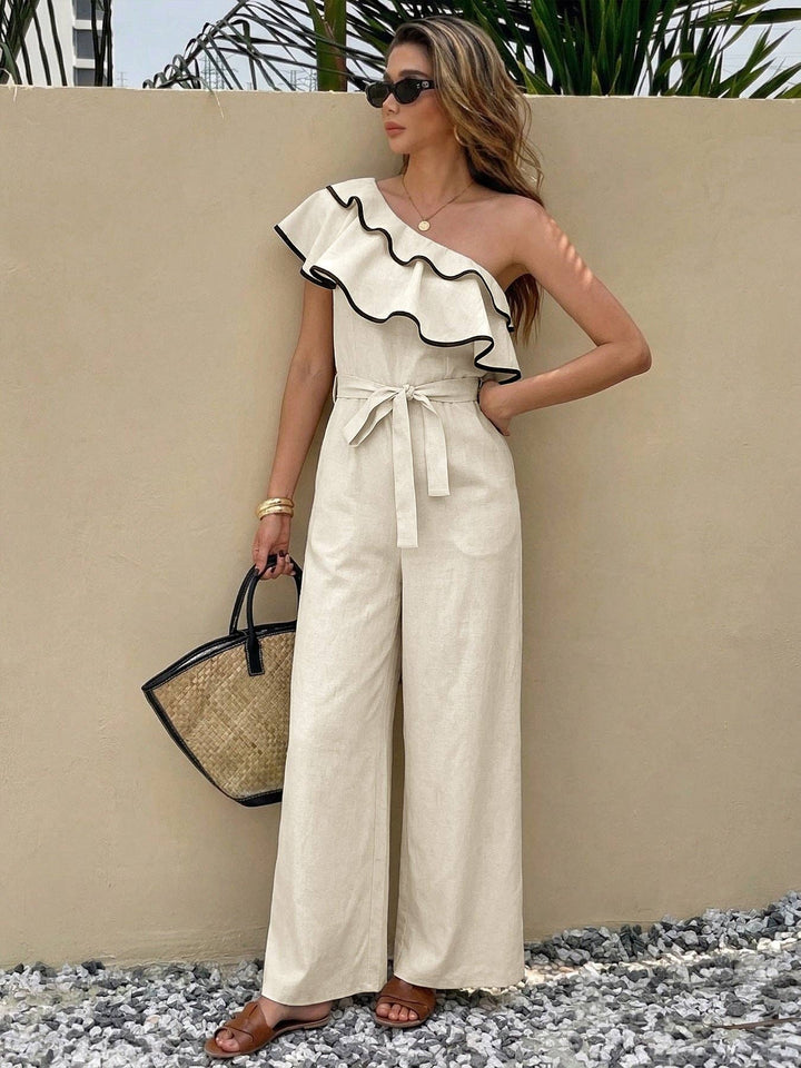 Women One Shoulder Ruffle Wide Leg Jumpsuit - Light Khaki