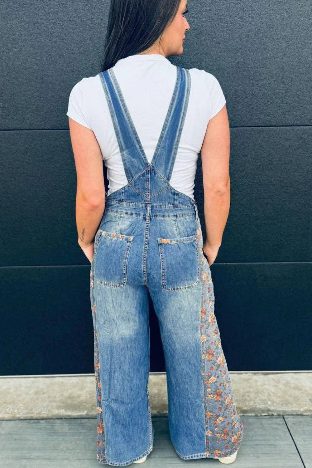 Blue Floral Patchwork Bib Denim Wide Leg Overalls