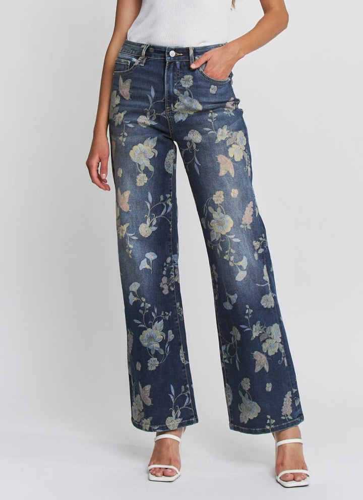 Mica Denim Brand Floral Print Wide Leg High Waist Denim Jeans