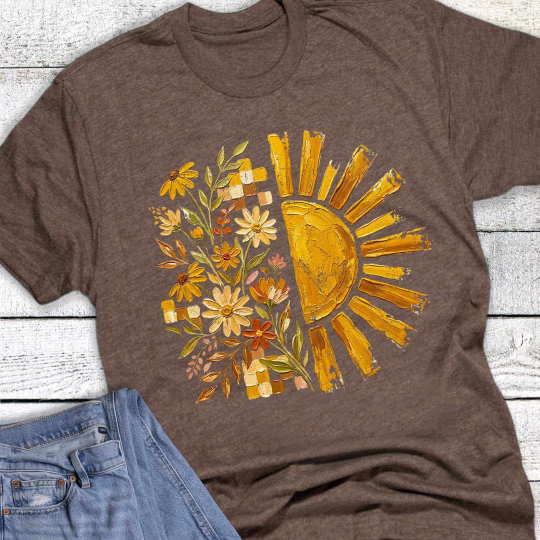 Boho Sun Floral Check Fall Graphic Tee