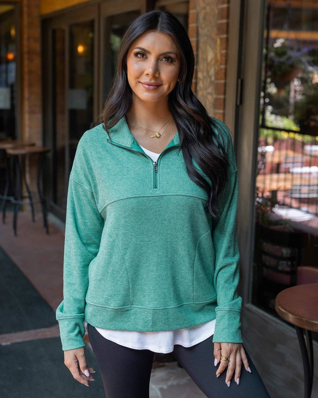 Grace and Lace Cool Day Quarter Zip Pullover in Glade Green