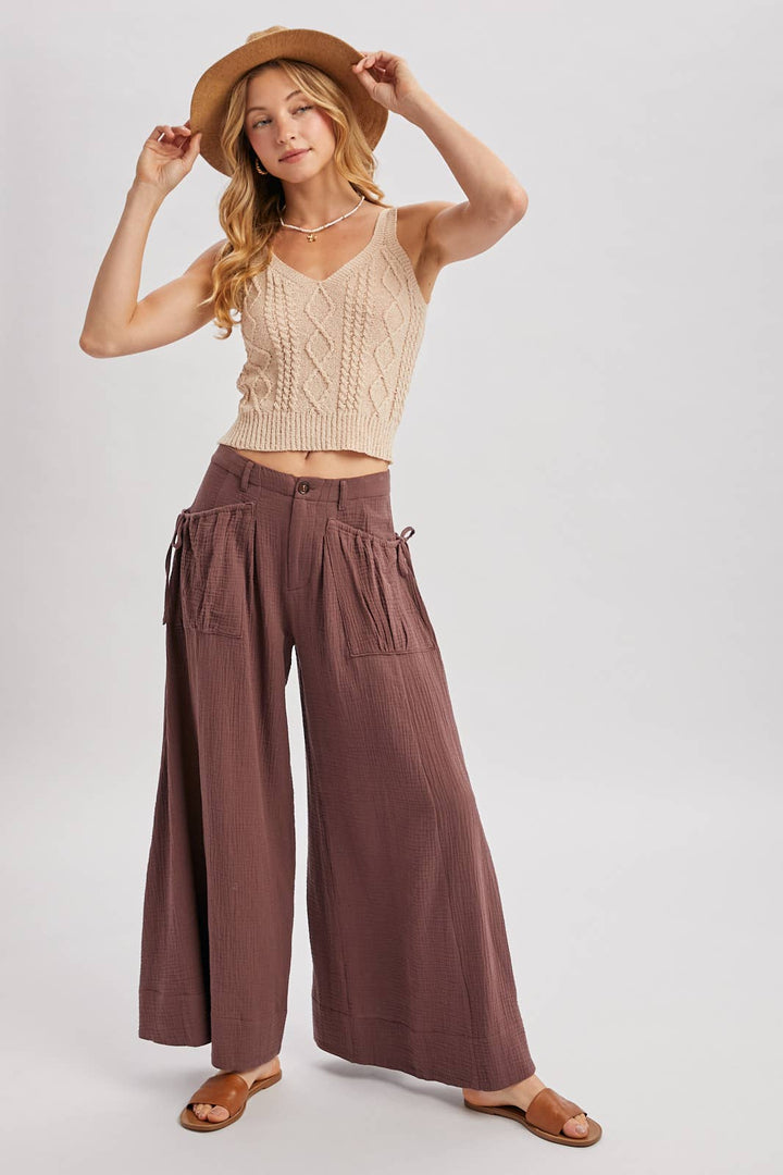 Patch Pocket Wide Leg Drawstring Pant - Mocha