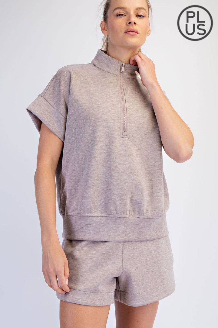 RAE MODE PLUS SIZE MODAL SCUBA QUARTER ZIP SHORT SLEEVE TOP