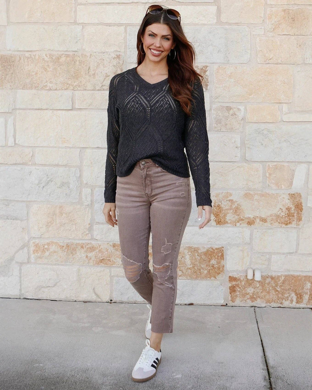 Grace and Lace V-Neck Pointelle Sweater in Charcoal