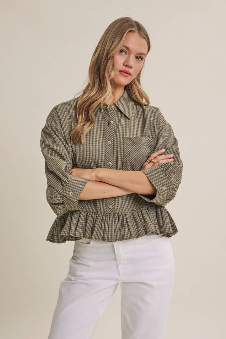 Sunday Stroll Gingham Ruffle Top - Olive