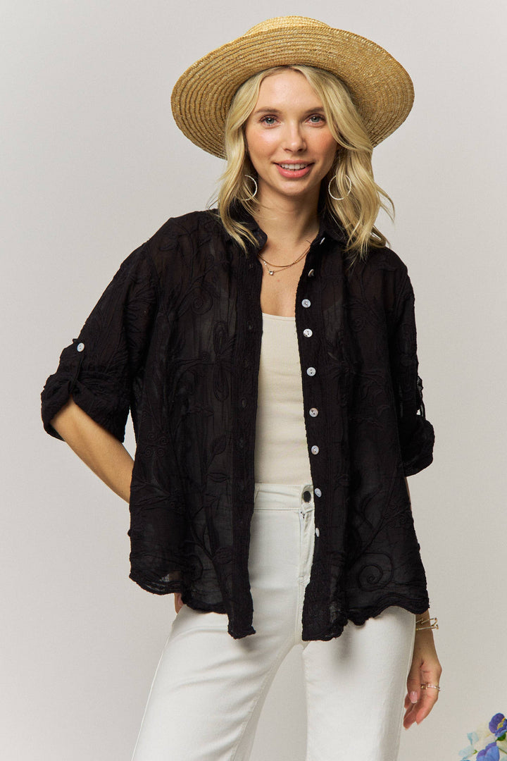 Wildflower Wanderer Mocha Button-Down Blouse