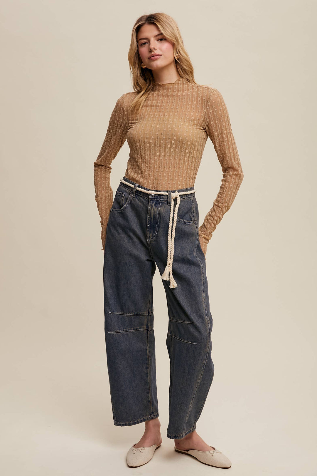 Semi Sheer Textured Lace Layering Top - Tan