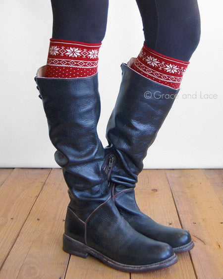 Grace and Lace Patterned Boot Cuffs - Snowflake (red)