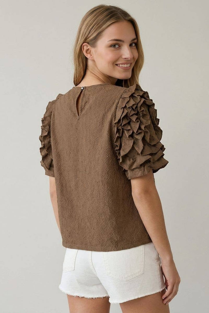 Ruffle Me Sleeve Top - Coffee