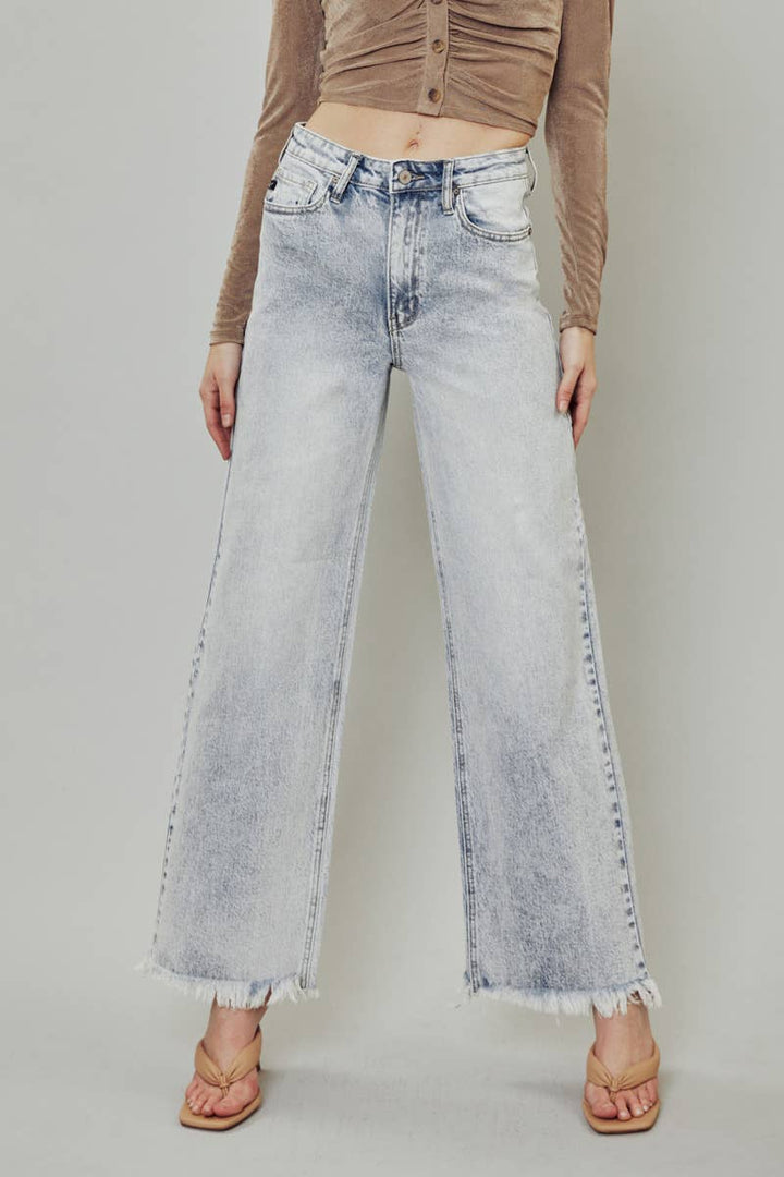 KanCan High Rise Wide Leg Frayed Hem Jeans - Light Wash