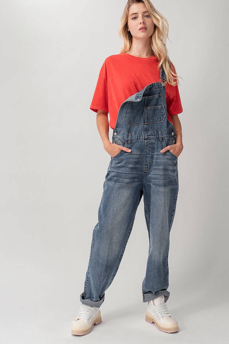 Relaxed Fit Denim Overalls Mid Wash