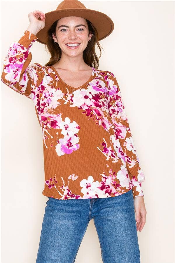 V-Neck Rib Floral Print Top - Camel