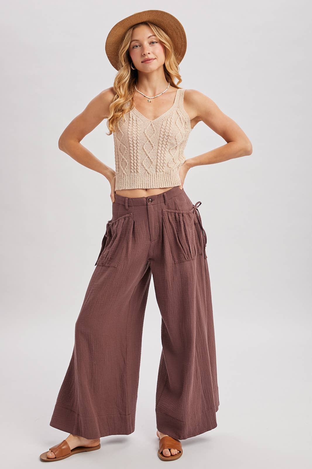 Patch Pocket Wide Leg Drawstring Pant - Mocha