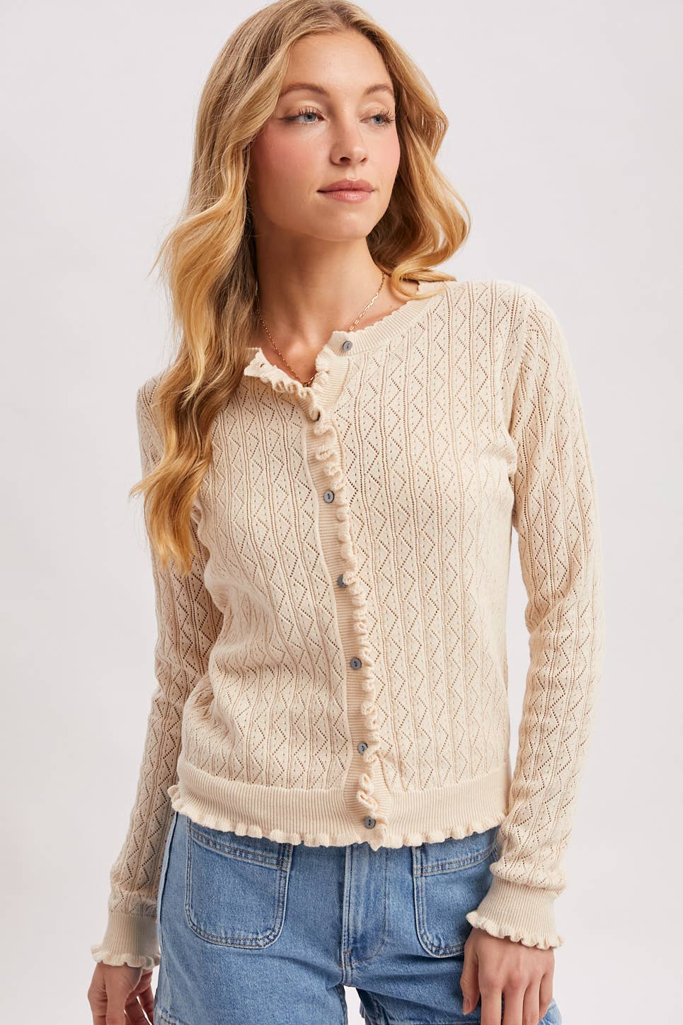 Pointelle Knit Button Down Cardi - Natural