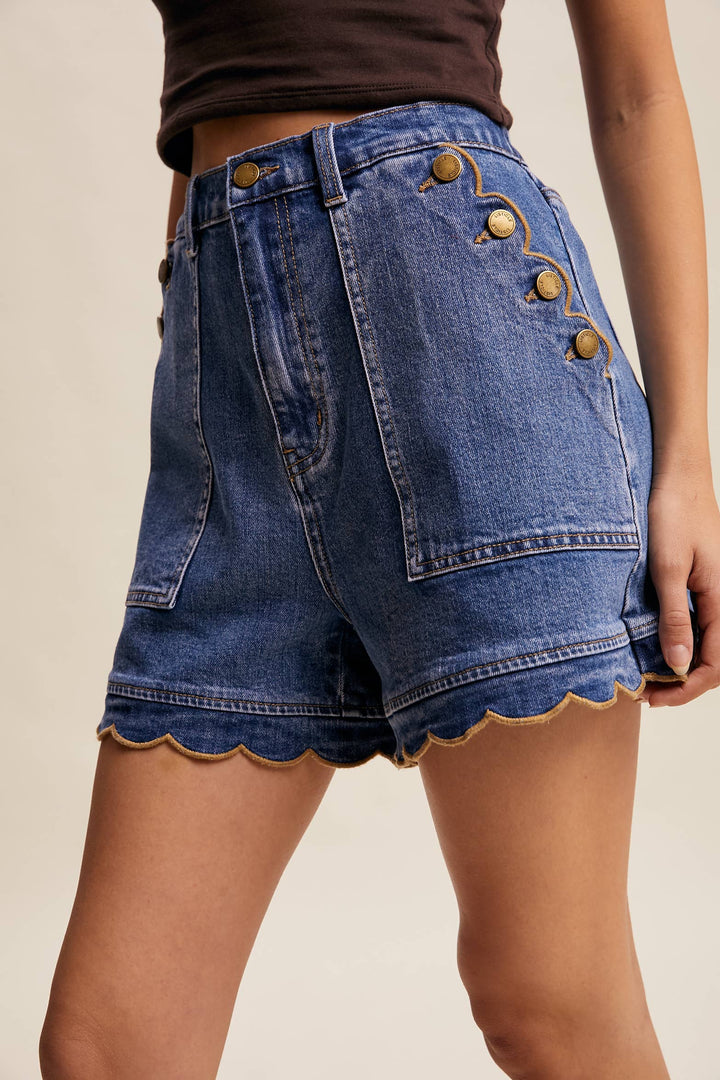 Scallop Button-Side Stretch Denim Shorts