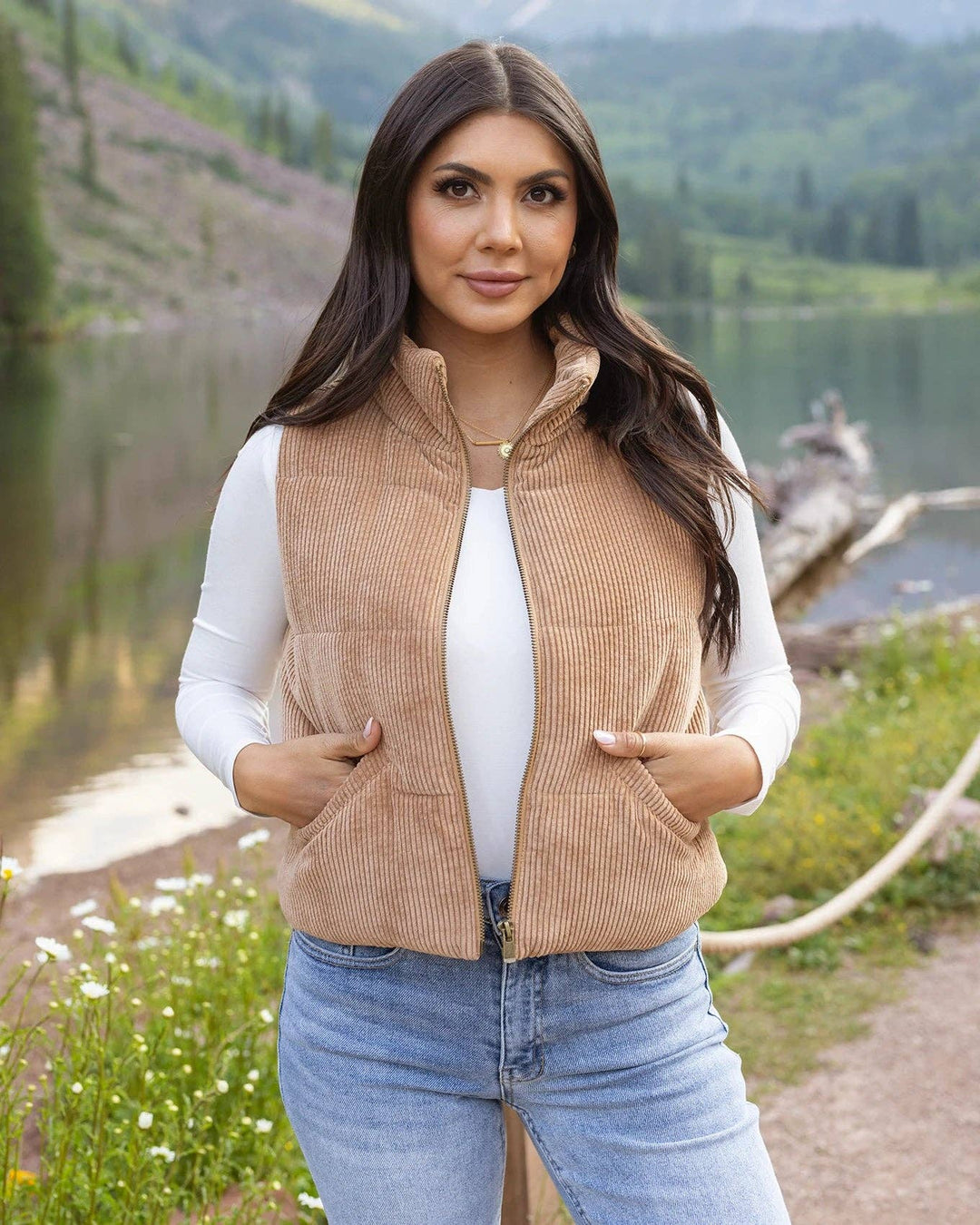 Grace and Lace Corduroy Puffer Vest in Camel