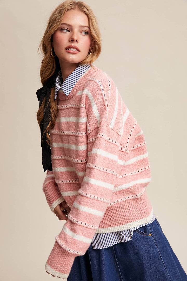 Striped Open-Stitch Pullover Sweater in Light Coral