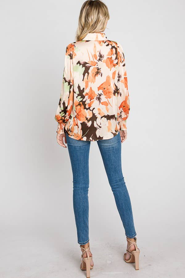 Printed Satin Shirt - Orange Floral