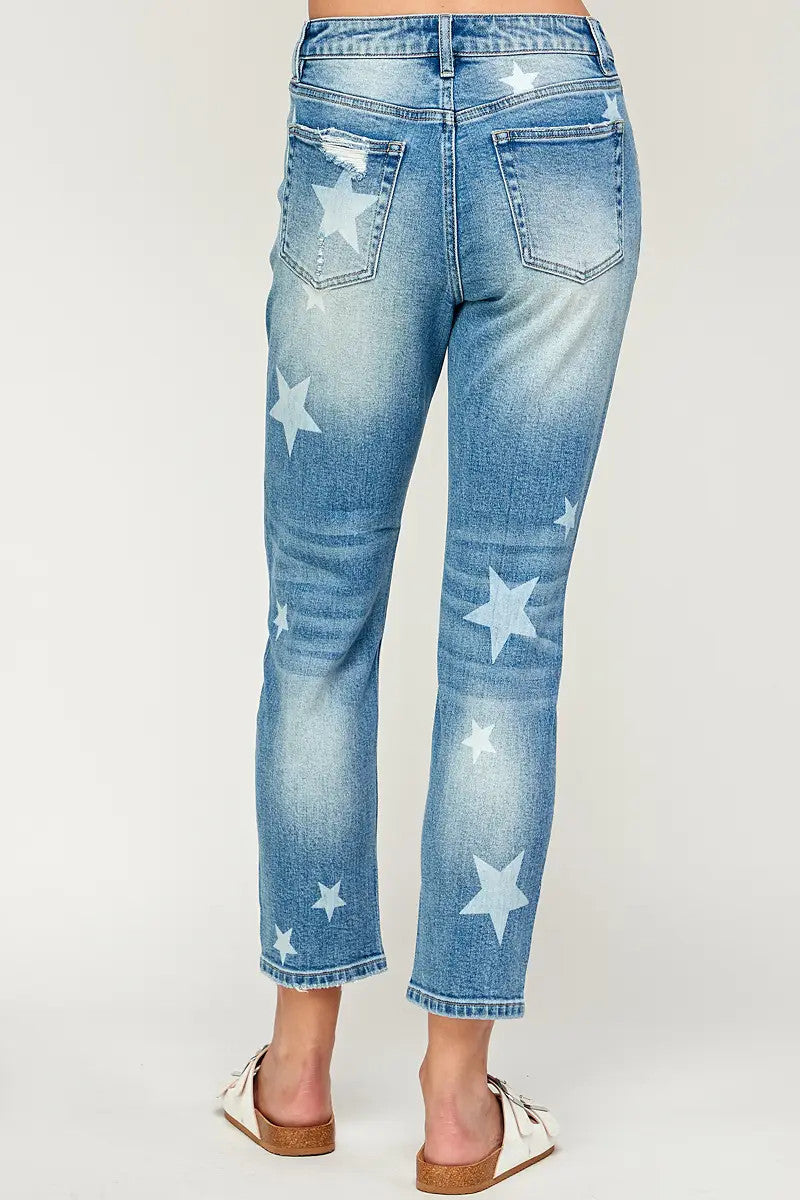 I&M Jeans - Distressed Stretch Mom Jeans w/ Stars - Medium Wash