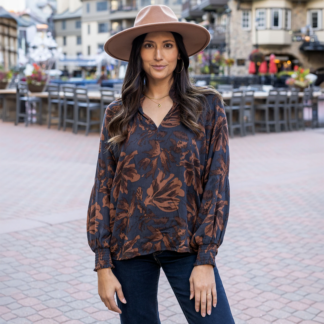 Boho Smocked Top in Espresso Floral