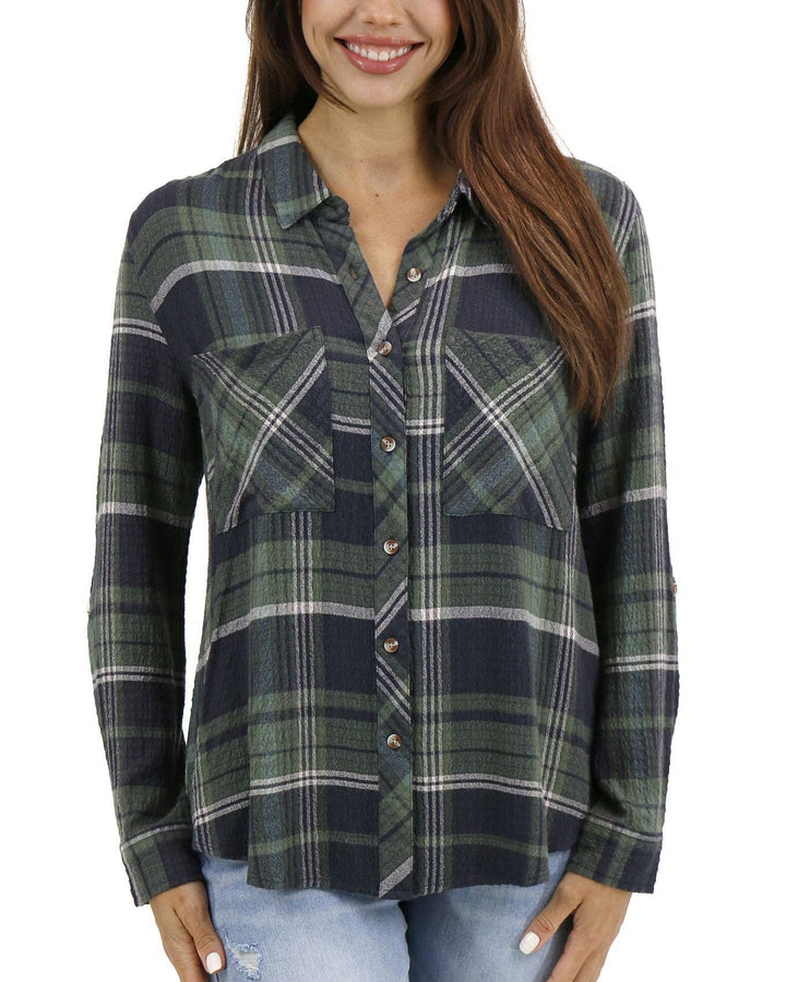 Favorite Button Up Top in Olive Plaid