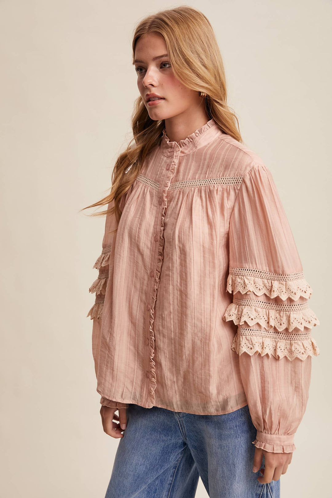 Lace Ruffle Sleeve Pintuck Blouse - Blush