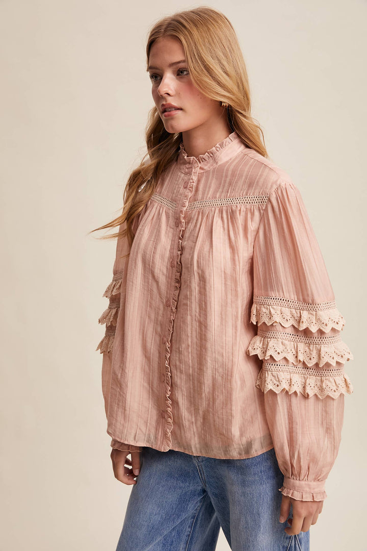 Lace Ruffle Sleeve Pintuck Blouse - Blush
