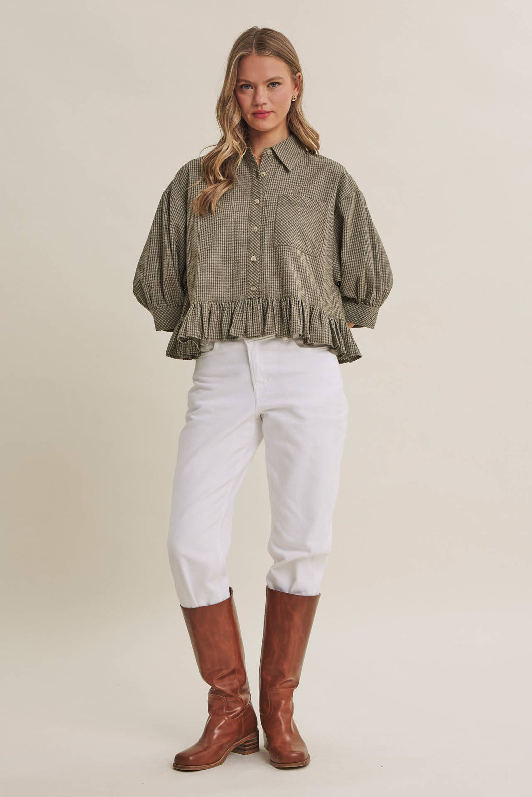 Sunday Stroll Gingham Ruffle Top - Olive
