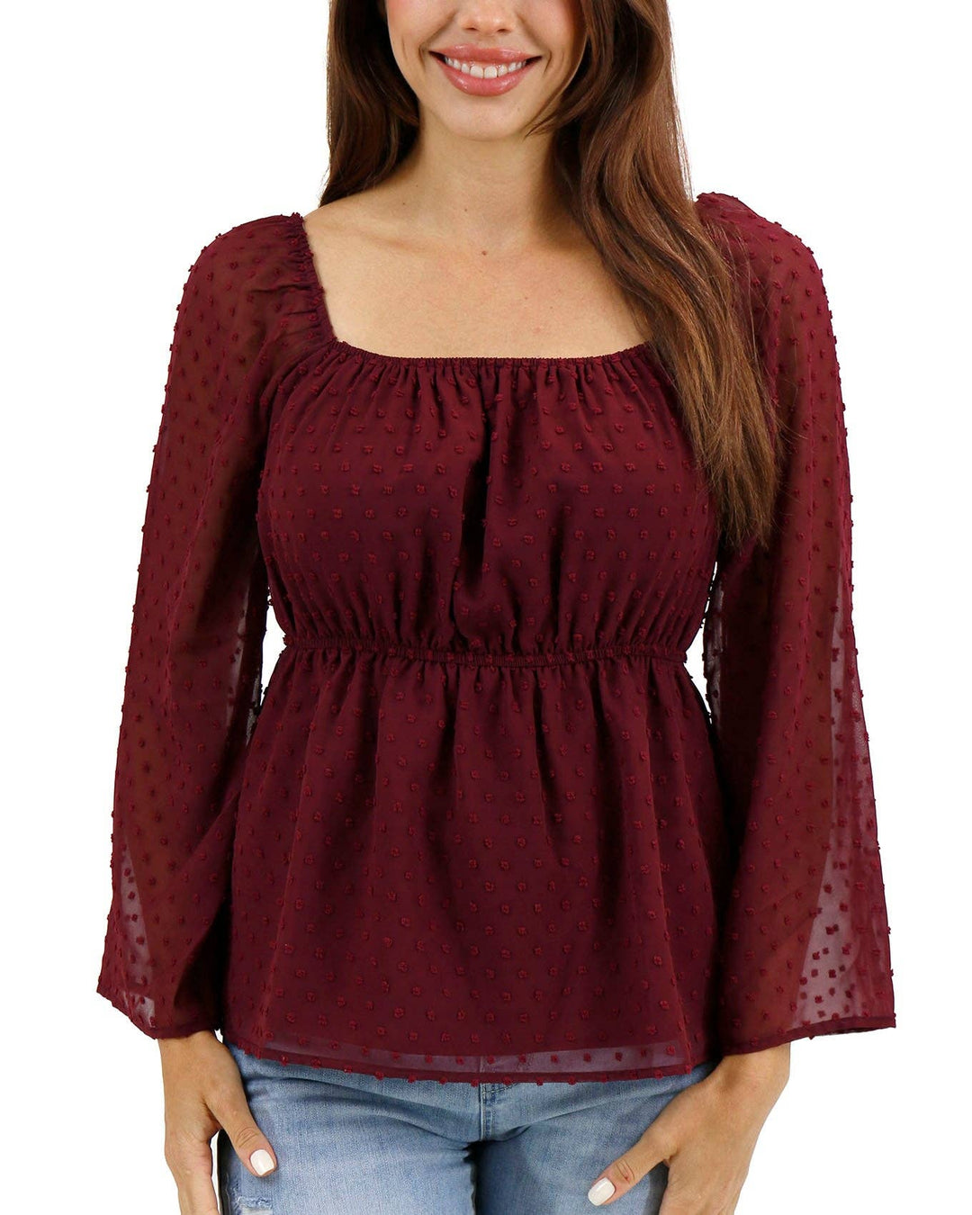 Dobby Dot Peplum Top In Zinfandel