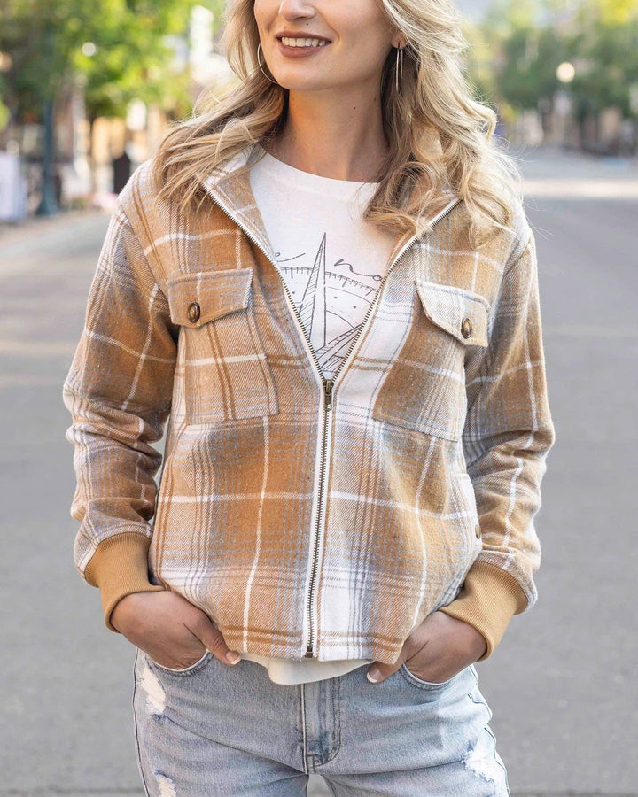 Grace and Lace Flannel Plaid Jacket in Camel-Ivory