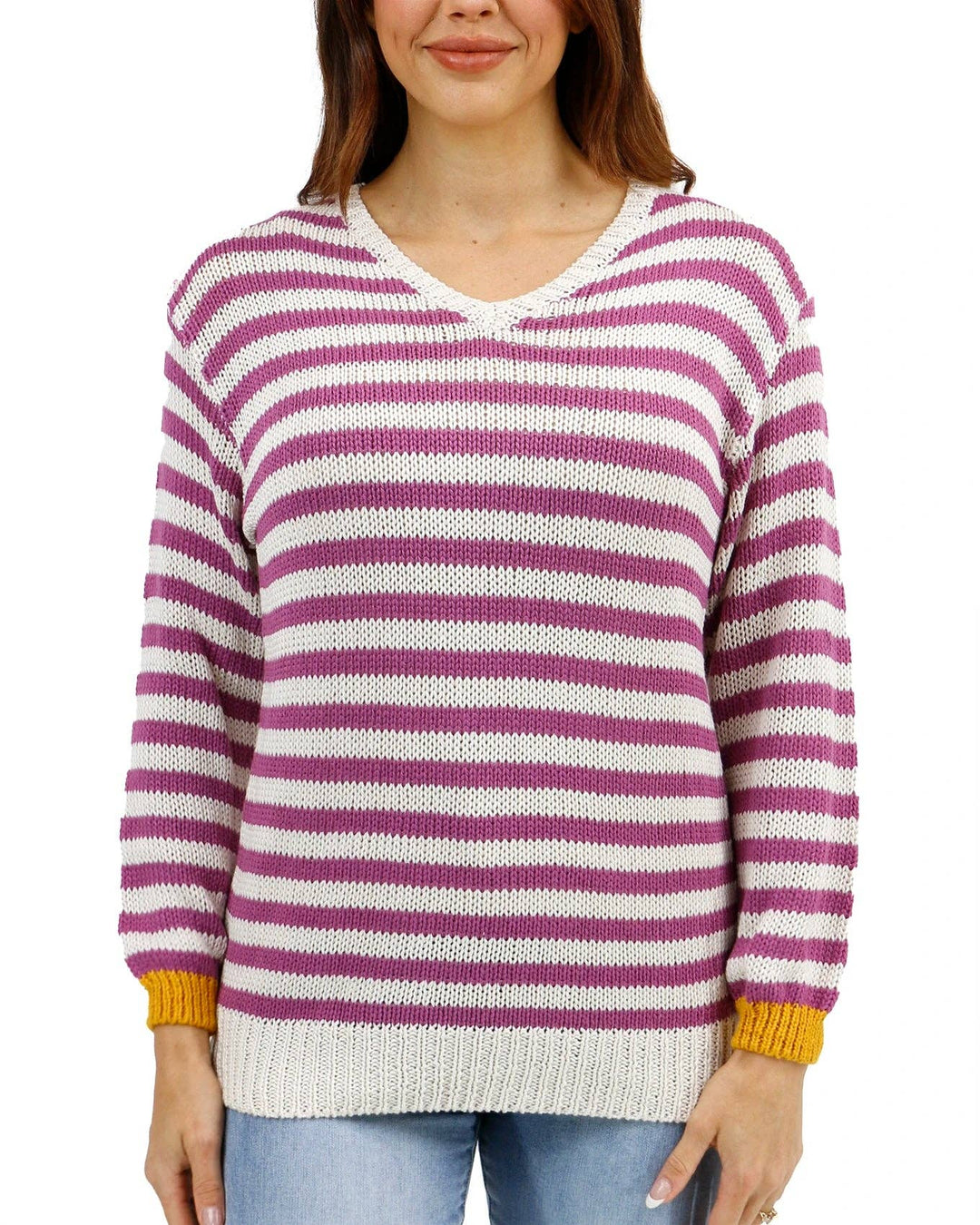 Striped V-Neck Sweater in Berry Stripe