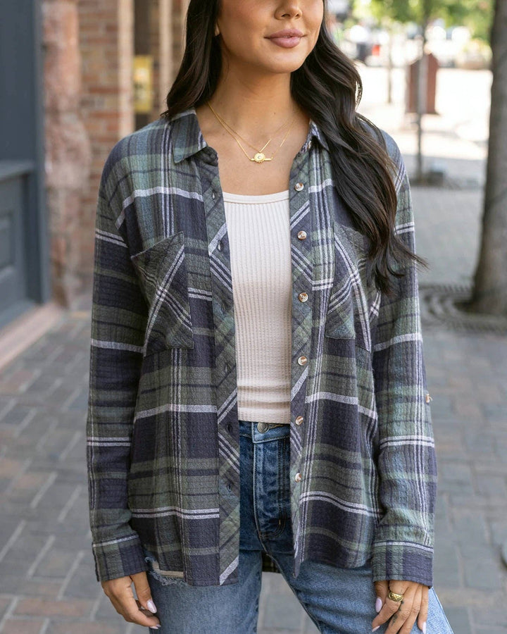 Favorite Button Up Top in Olive Plaid