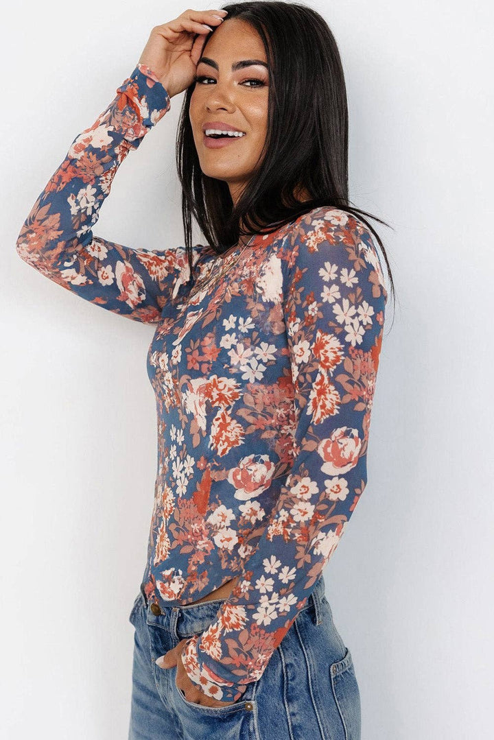 Floral Print Mesh Fitted Long Sleeve Top - Orchid Petal