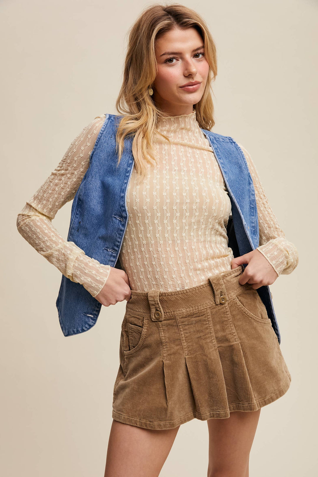 Semi Sheer Textured Lace Layering Top - Butter