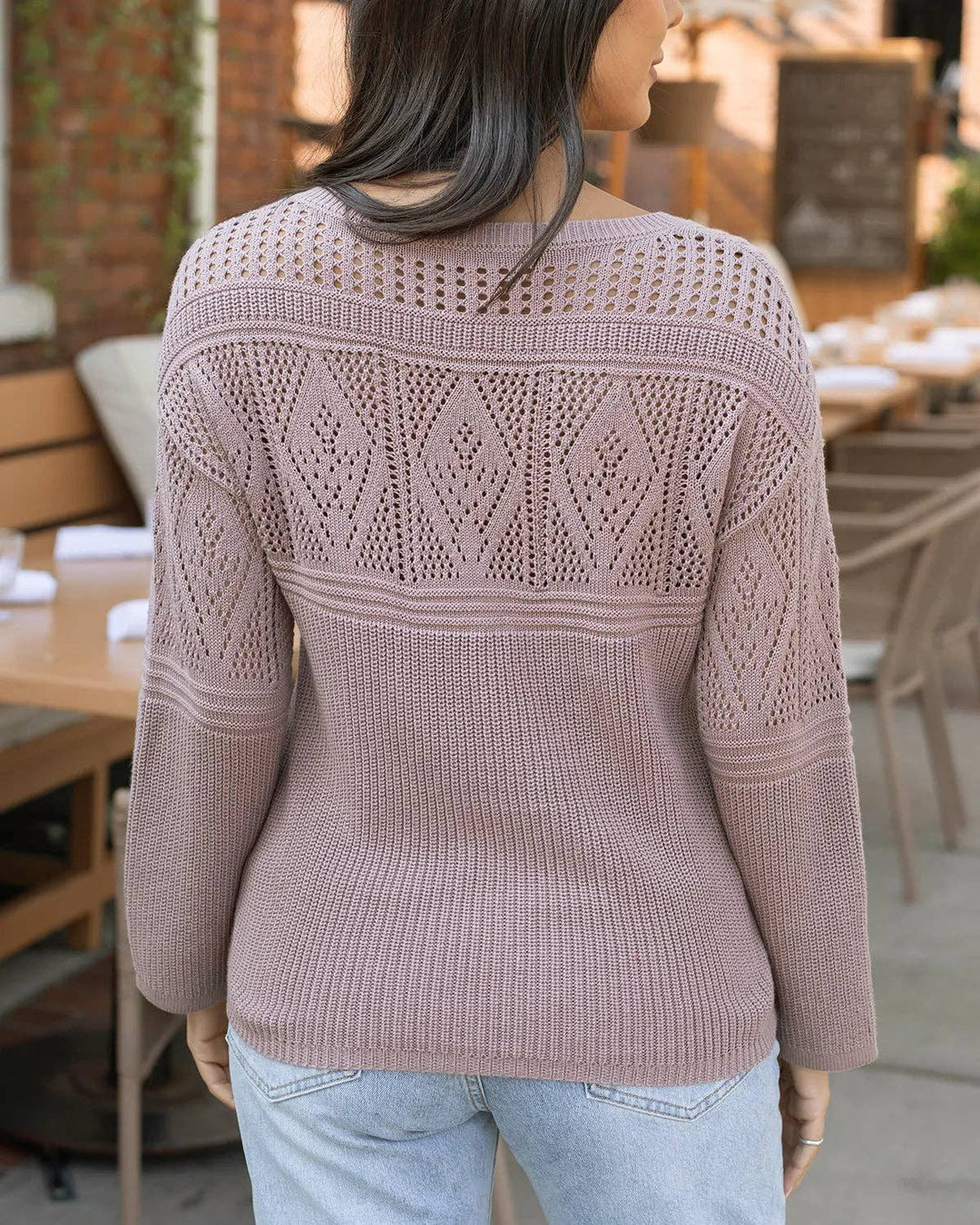 Pointelle V-Neck Sweater in Fawn