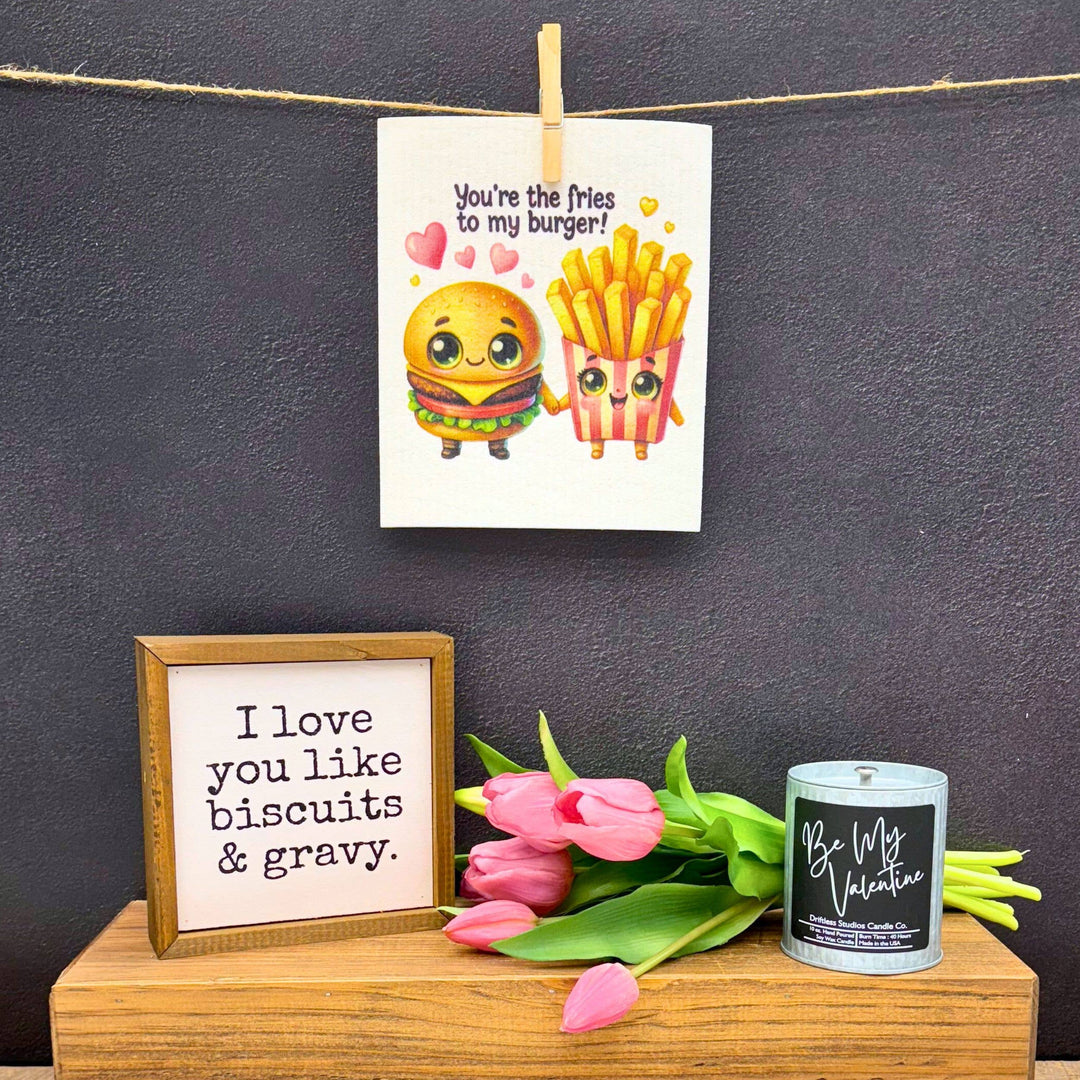 Burger & Fries Cartoon Swedish Dishcloth - Valentines Day