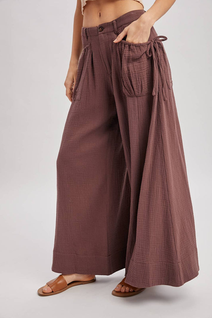 Patch Pocket Wide Leg Drawstring Pant - Mocha