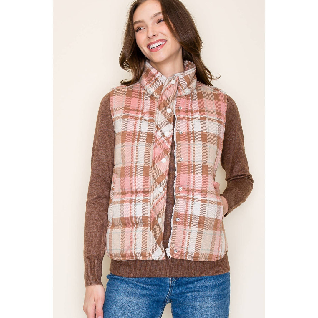 Jacquard Plaid Padded Vest in Blush