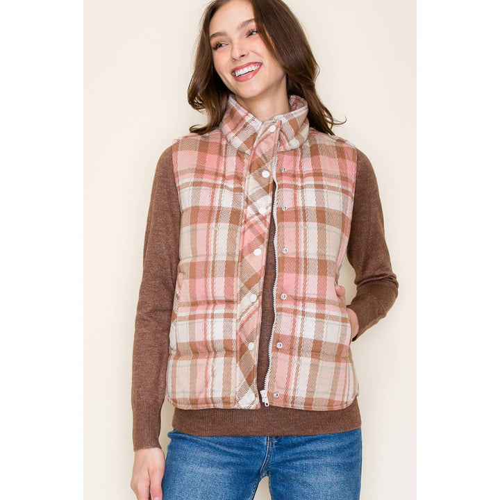 Jacquard Plaid Padded Vest in Blush