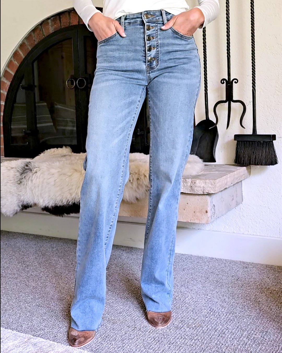 Straight Leg Cuffed Jeans In Mid-Wash