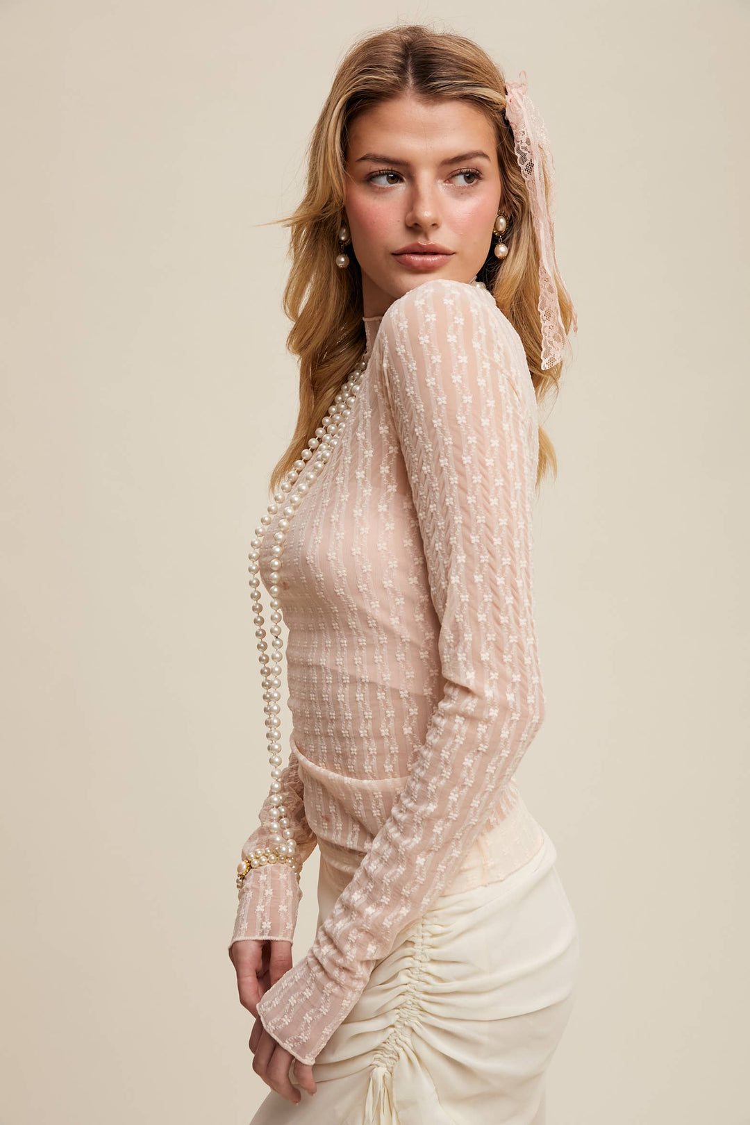 Semi Sheer Textured Lace Layering Top - Light Blush
