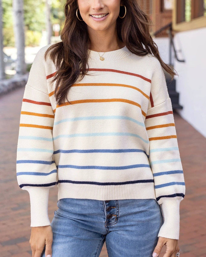 Crew Neck Striped Sweater in Ivory-Multi Stripe