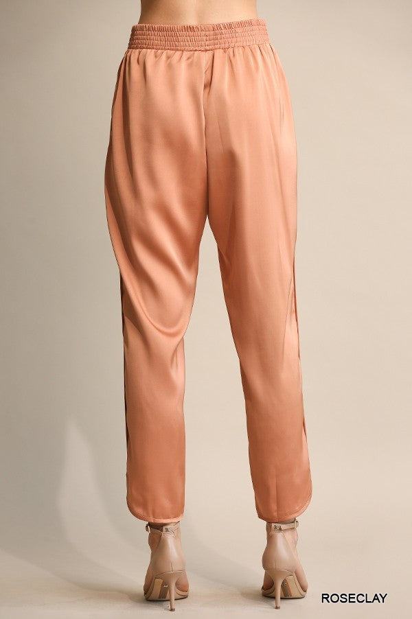 Solid Satin & Elastic Waist Pants W/Side Slits & Pock- In Rose Clay