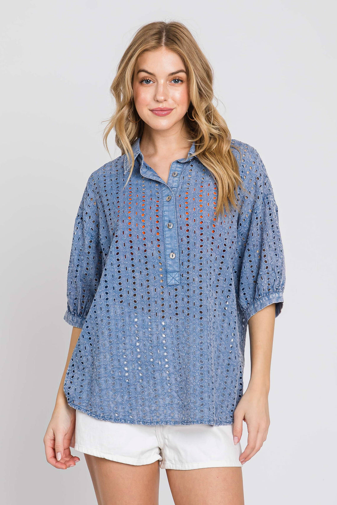 Cotton Eyelet Washed Top - 2 colors (Pink/Blue)